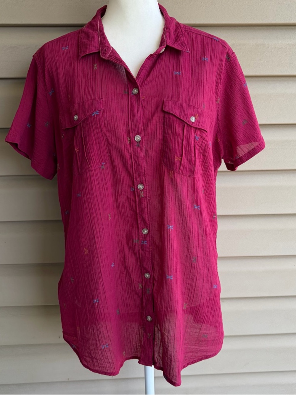 •Eddie Bauer• Lightweight Crinkly 100% Cotton Dragonfly Print Blouse - Size XL